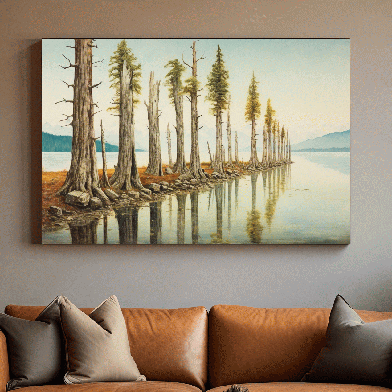 Serene Lakeside Pine Forest Reflections - Watercolor Landscape Wall Art