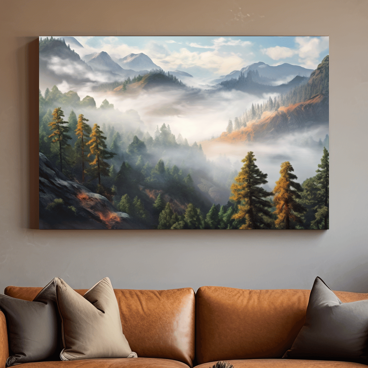 Misty Mountain Valley Forest Landscape - Serene Foggy Nature Painting Wall Art