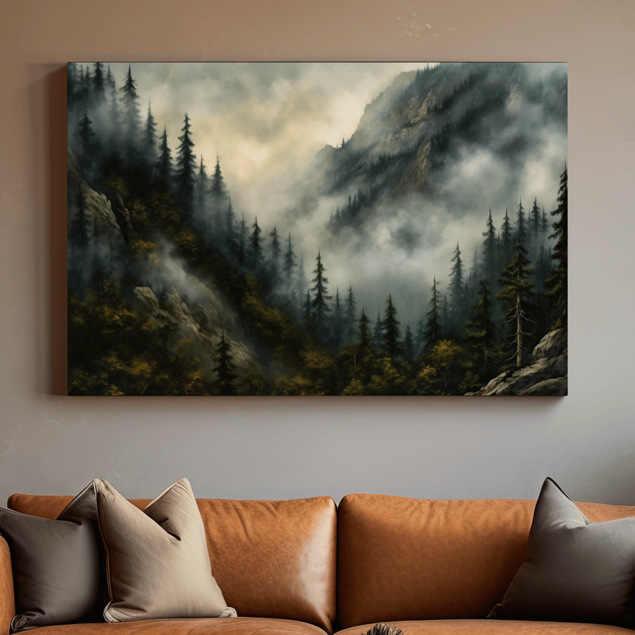 Painting of fog rolling through the trees and mountains, foggy forest artwork