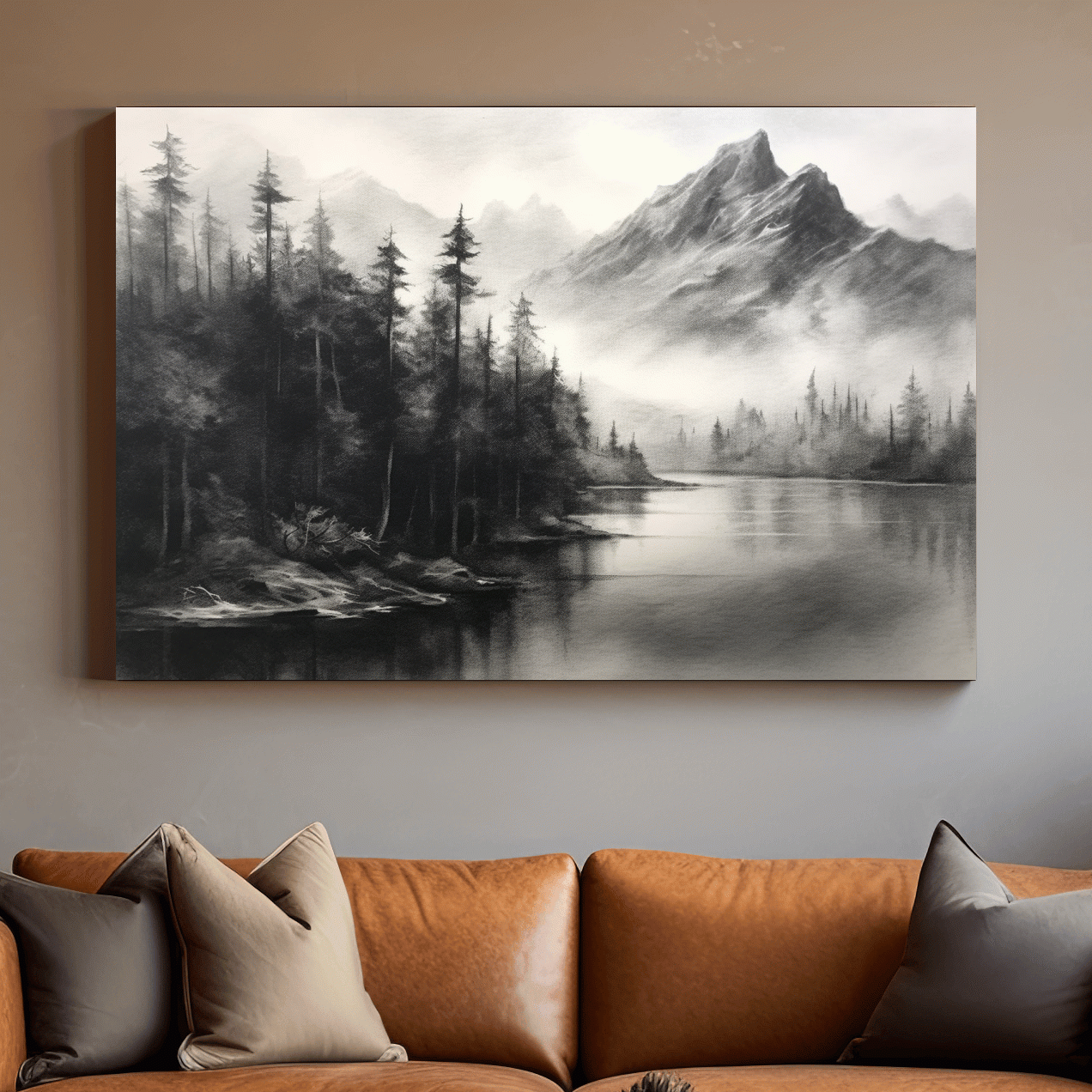 Charcoal drawing of mountains and a lake