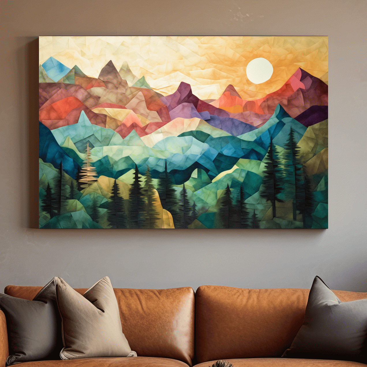 Abstract Sunset Mountain Canvas - Vibrant Patchwork Mosaic Art