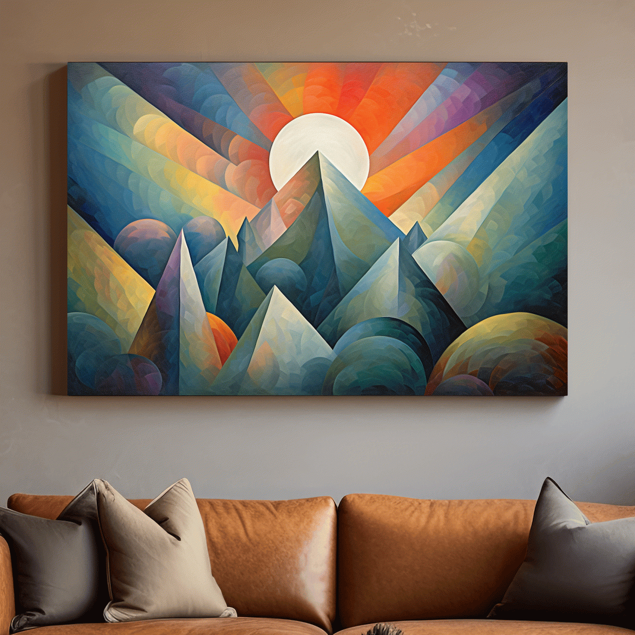 Abstract painting of mountains at sunrise