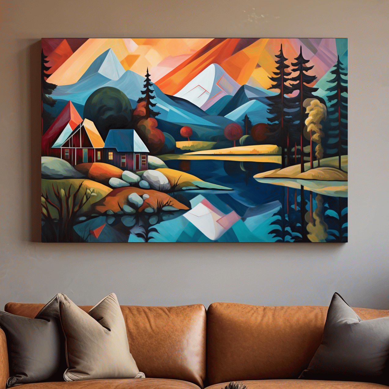 Vibrant Geometric Mountain Lake Cabin Oil Painting - Modern Abstract Wall Art
