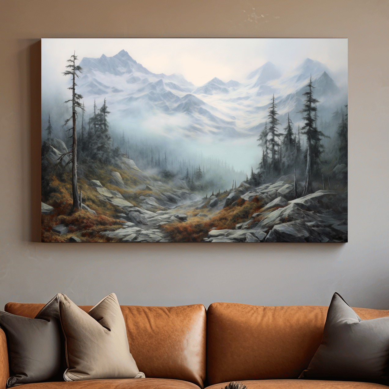Painting of fog rolling through an alpine scene