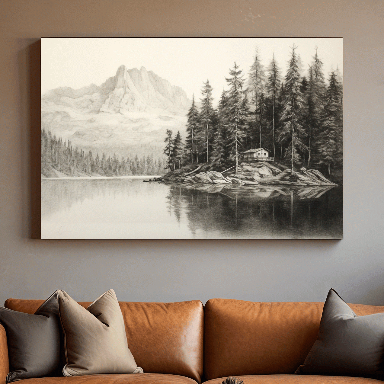 Lead pencil drawing of a cabin by the lake
