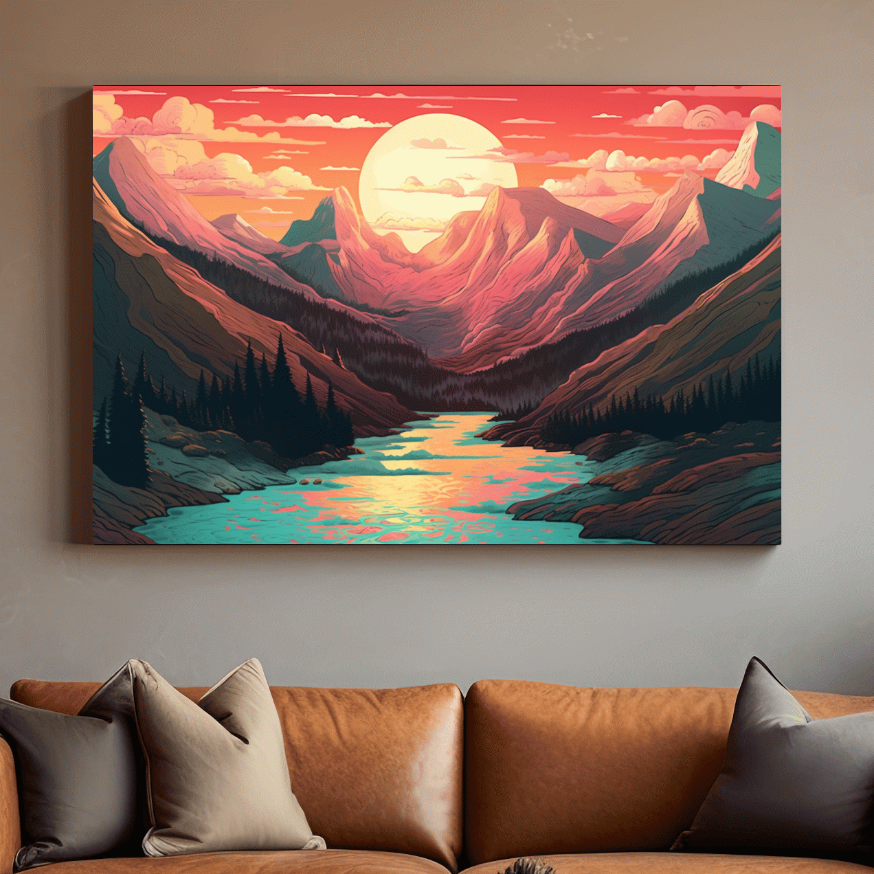 Vibrant Sunset Mountain Valley Illustration - Retro Landscape Wall Art