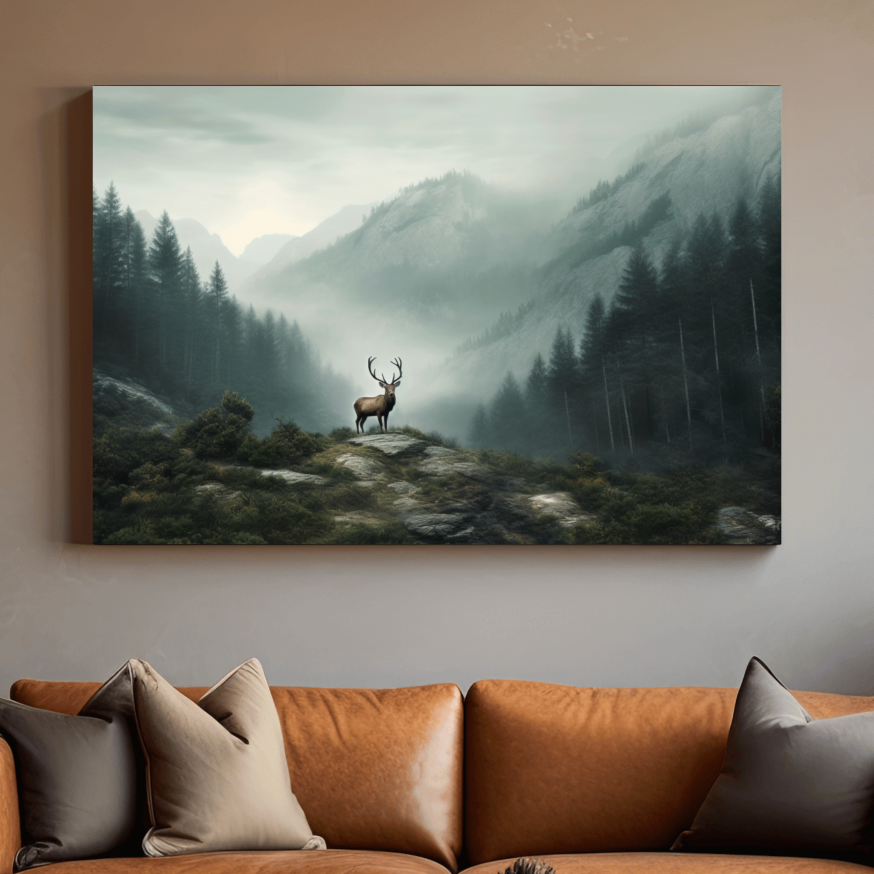 Painting style artwork of a majestic deer standing in the fog