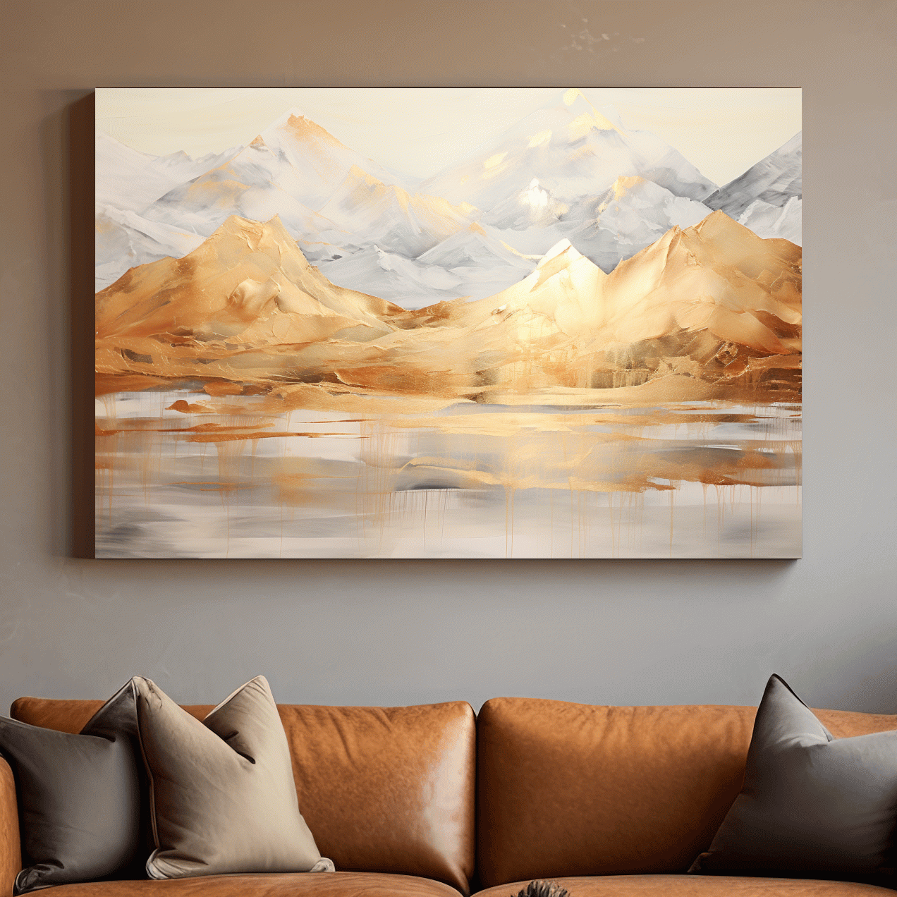 Luxe Golden Abstract Mountain Lake Painting - Elegant Landscape Wall Art