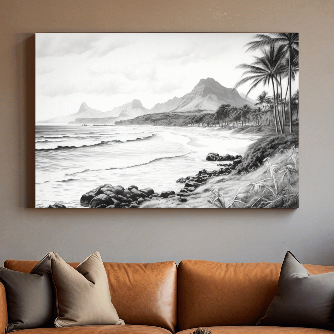 Black and white drawing of a tropical beach mountain scene