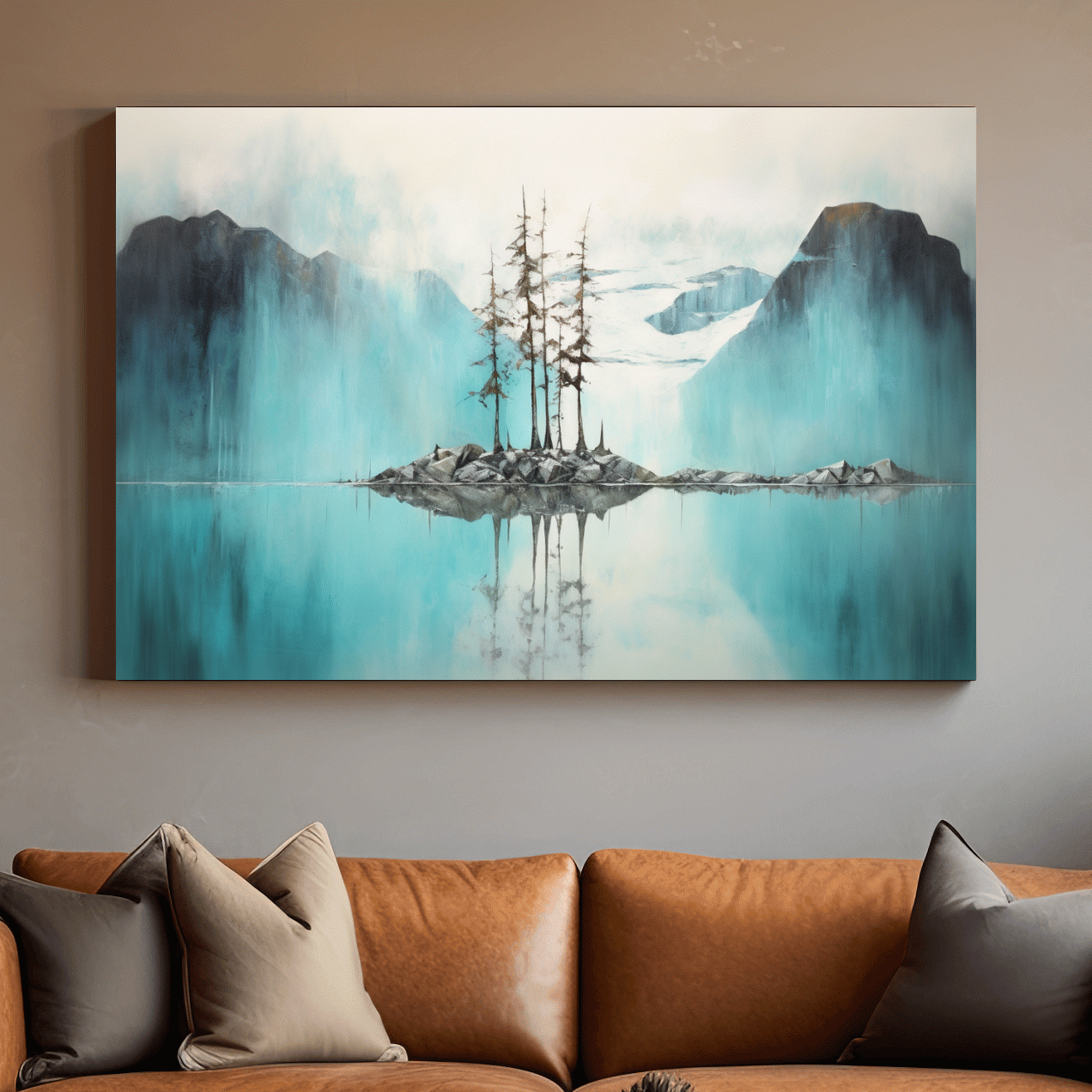 Trees on a turquoise lake, mountain painting