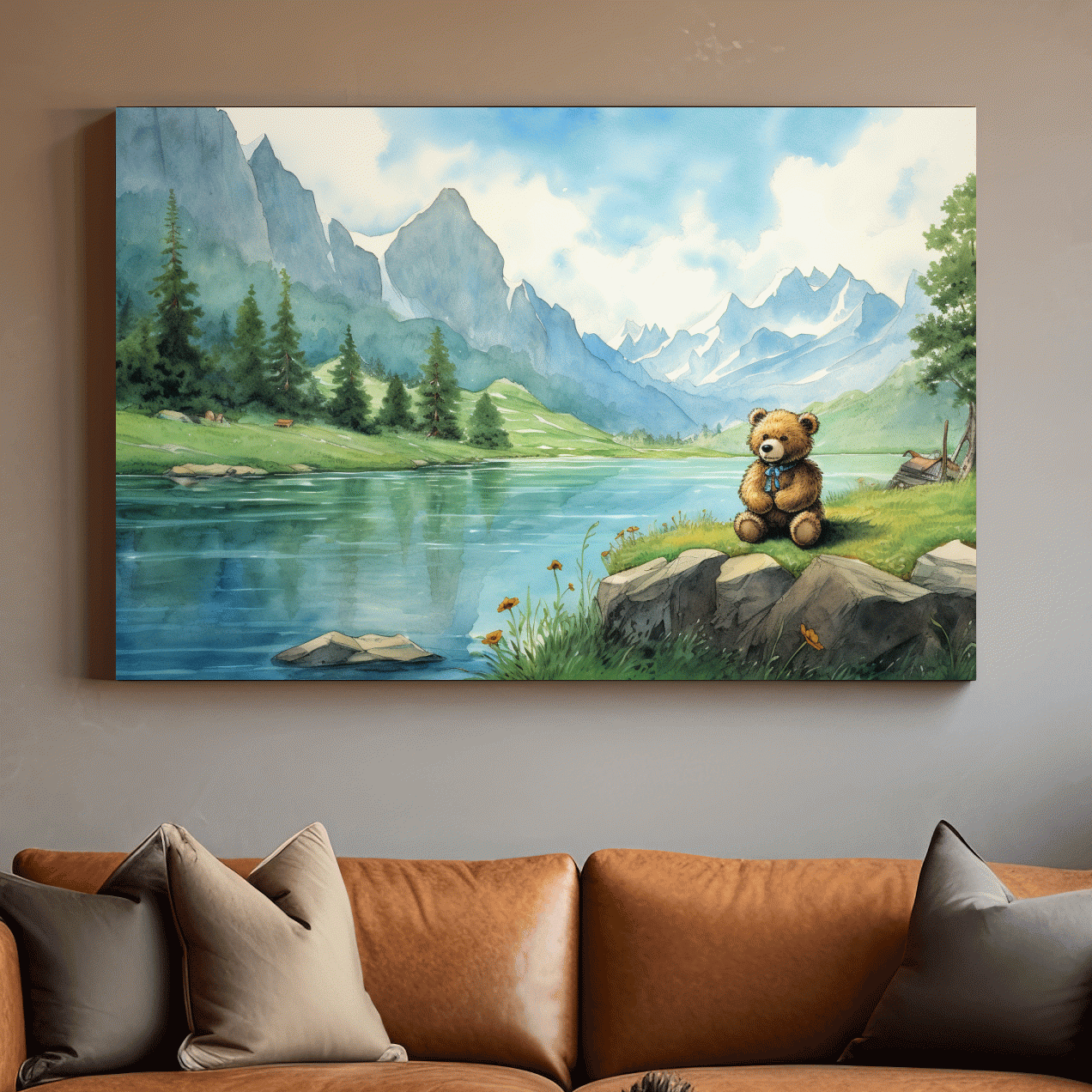 Childrens painting of teddy bear in the mountains