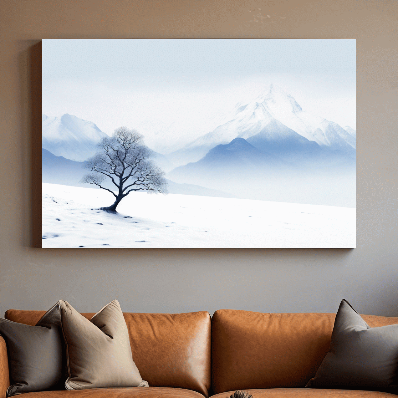 Minimalist Snowy Mountain Landscape With Lone Tree - Serene Winter Painting Wall Art