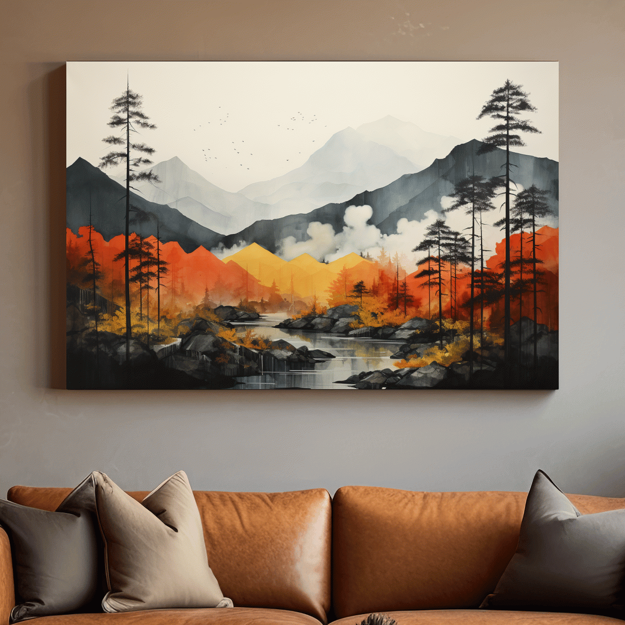 Surreal watercolour painting, colorful mountain scenery