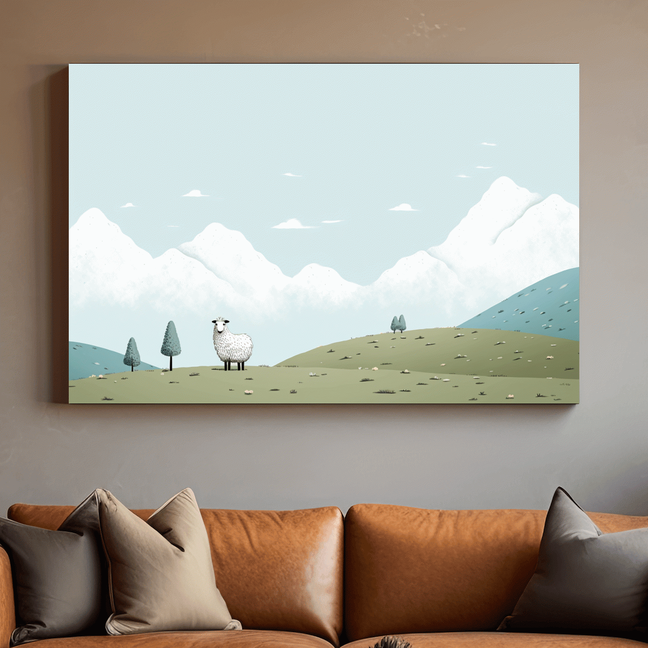 Illustration of a sheep in an alpine landscape