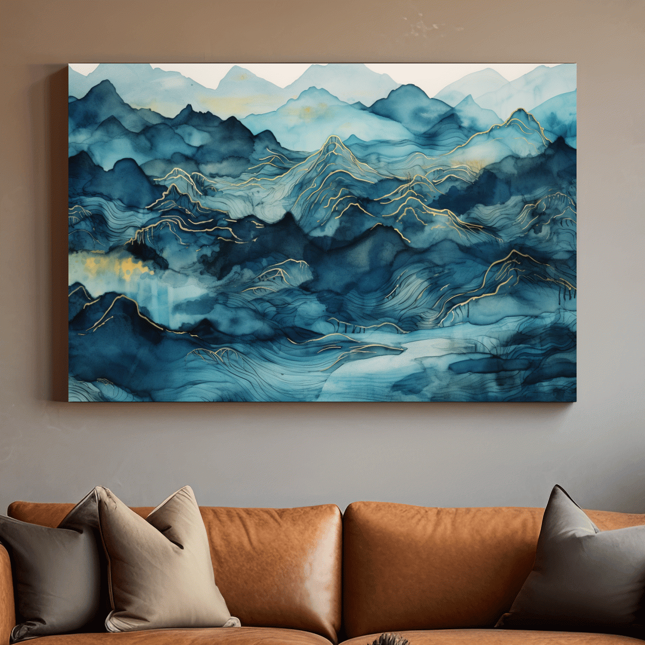Watercolor Mountain Range With Gold Linework - Abstract Landscape Wall Art