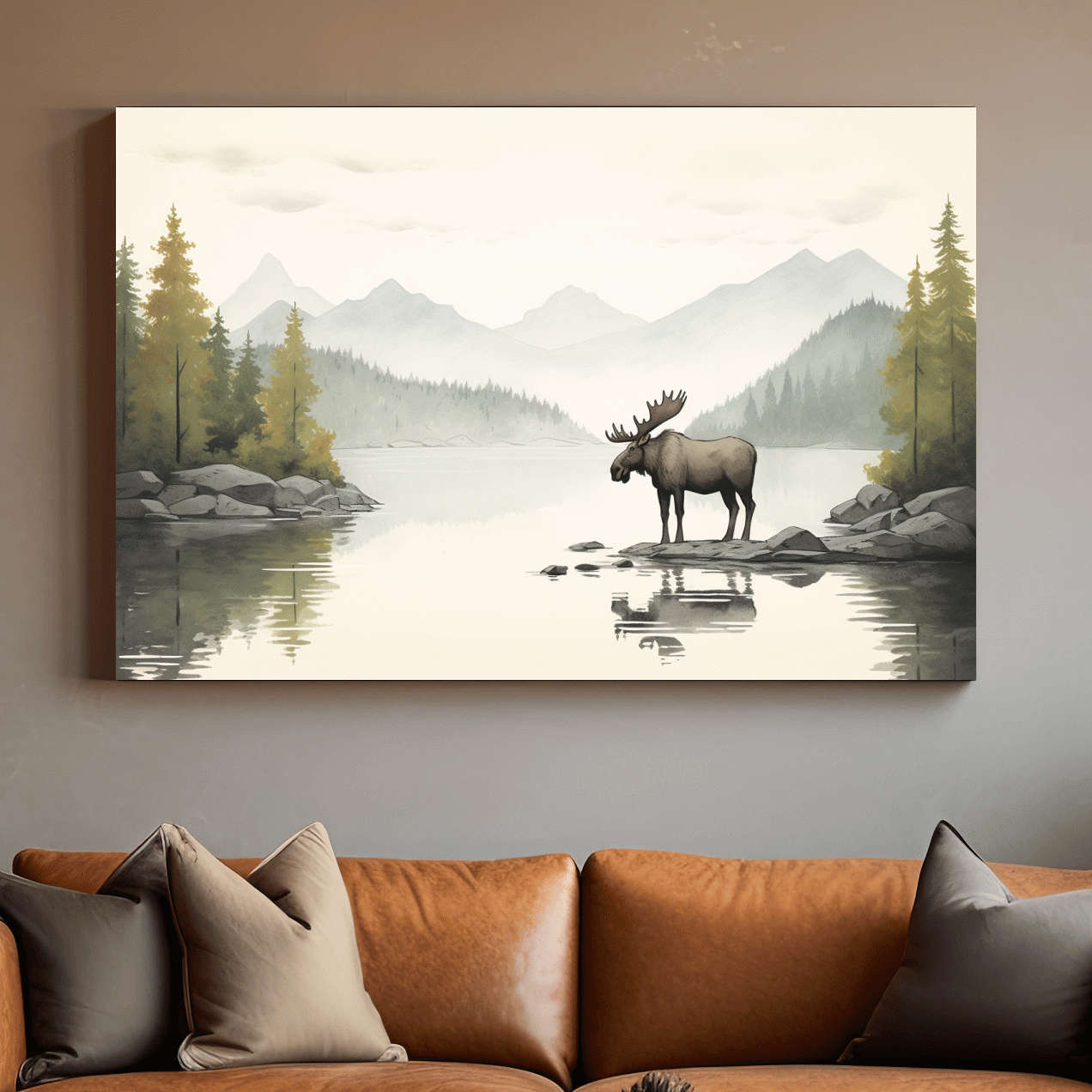 Watercolor Moose By Misty Lake - Mountain Wilderness Nursery Wall Art