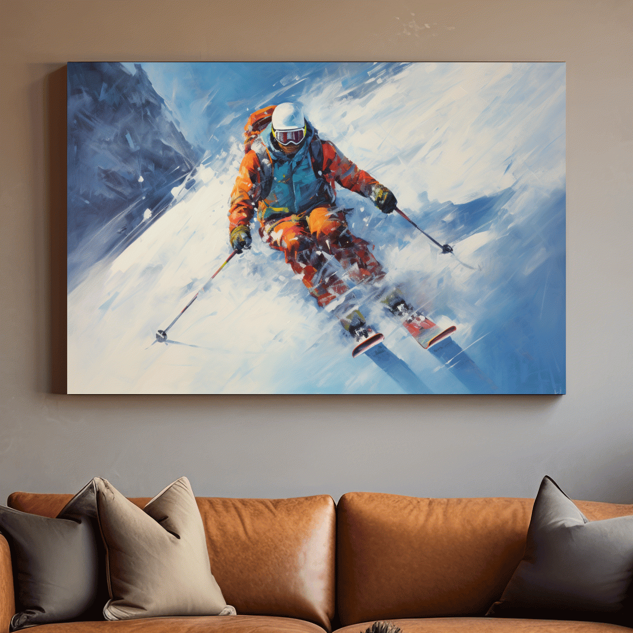 Painting of a skier in deep powder