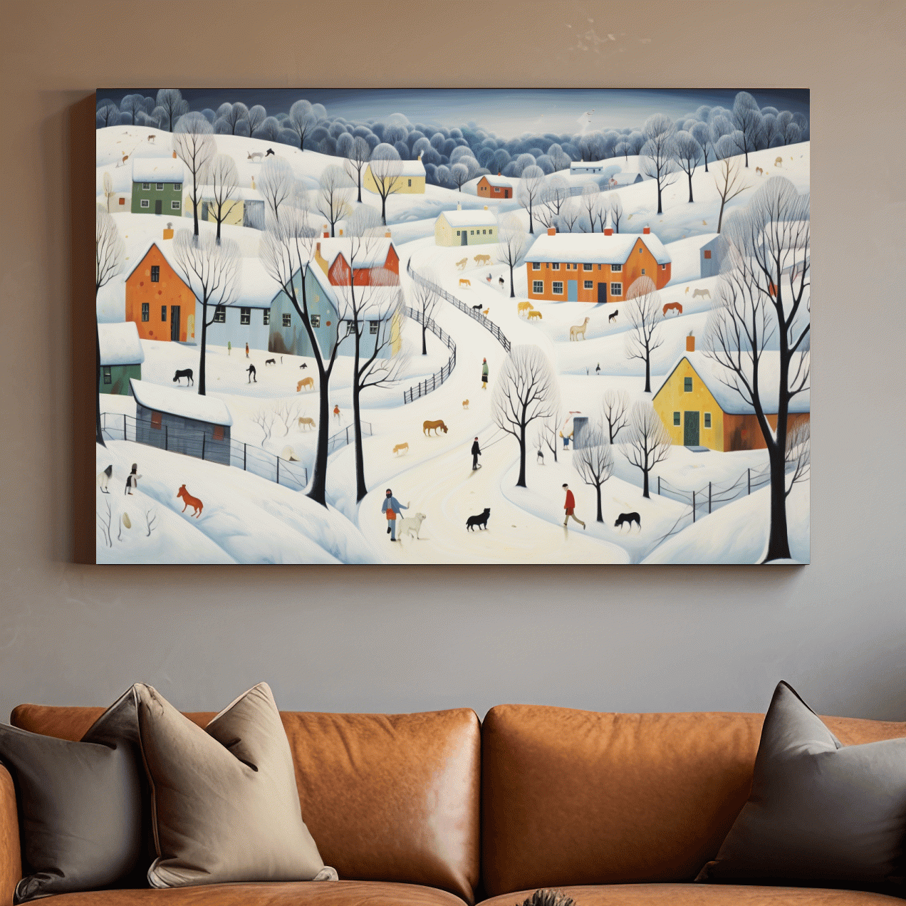 Quirky painting of a mountain village in the snow