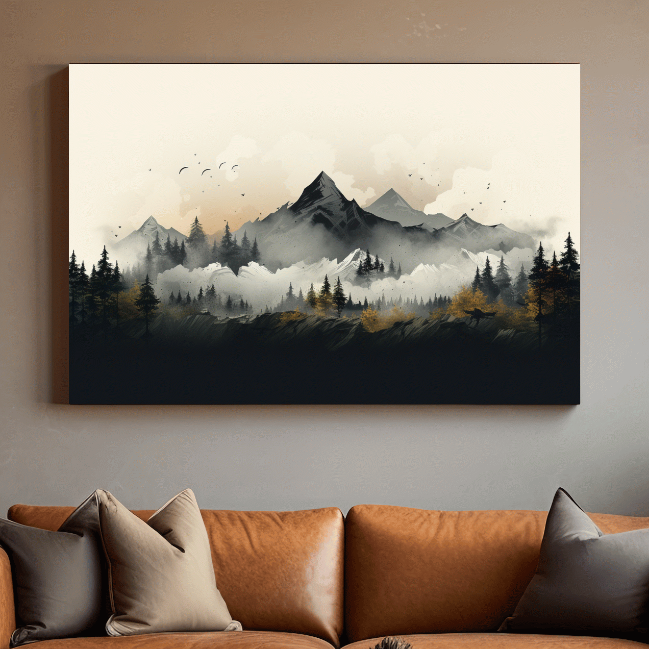 Illustration of treelined mountains
