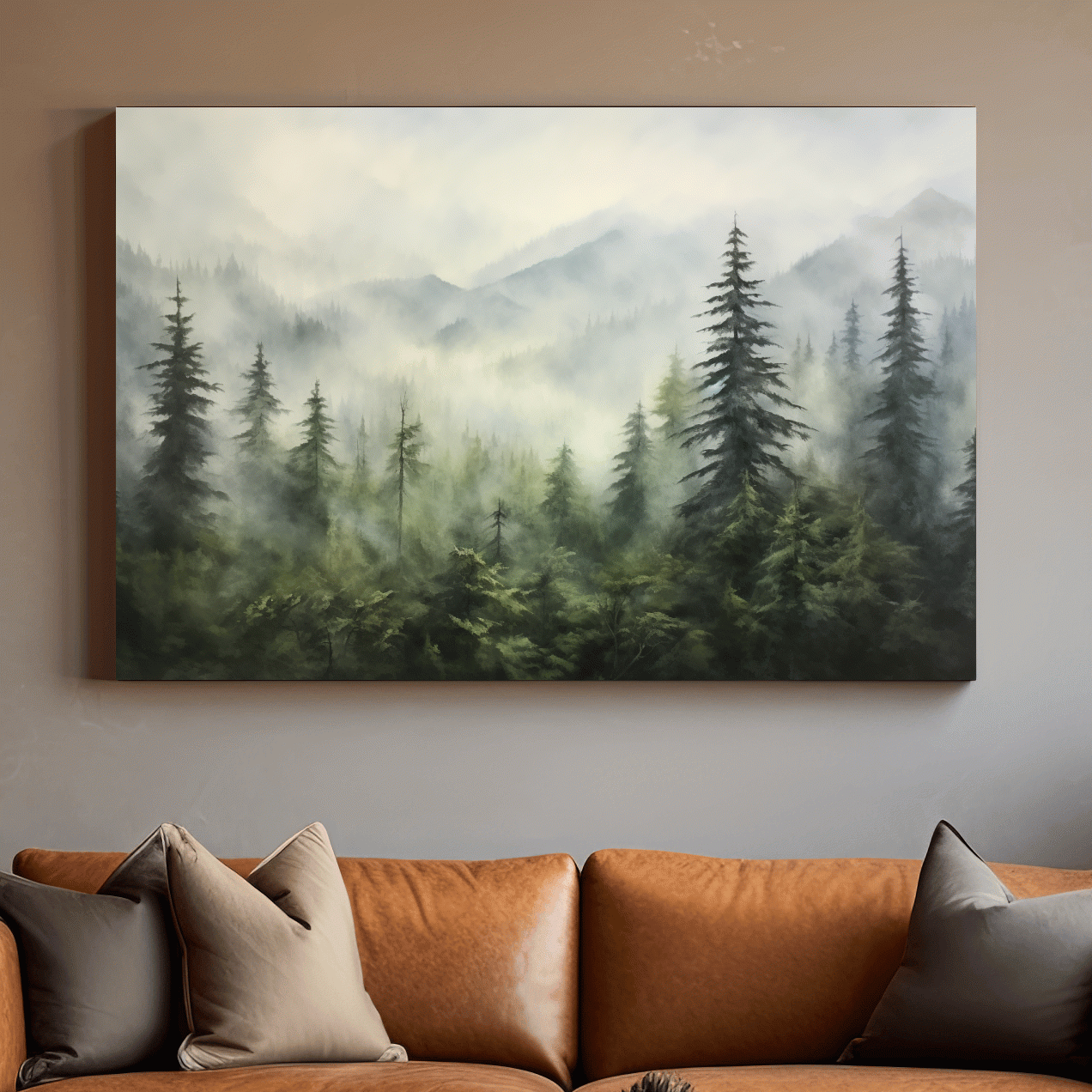 Misty Evergreen Forest Mountains Watercolor - Serene Foggy Landscape Artwork