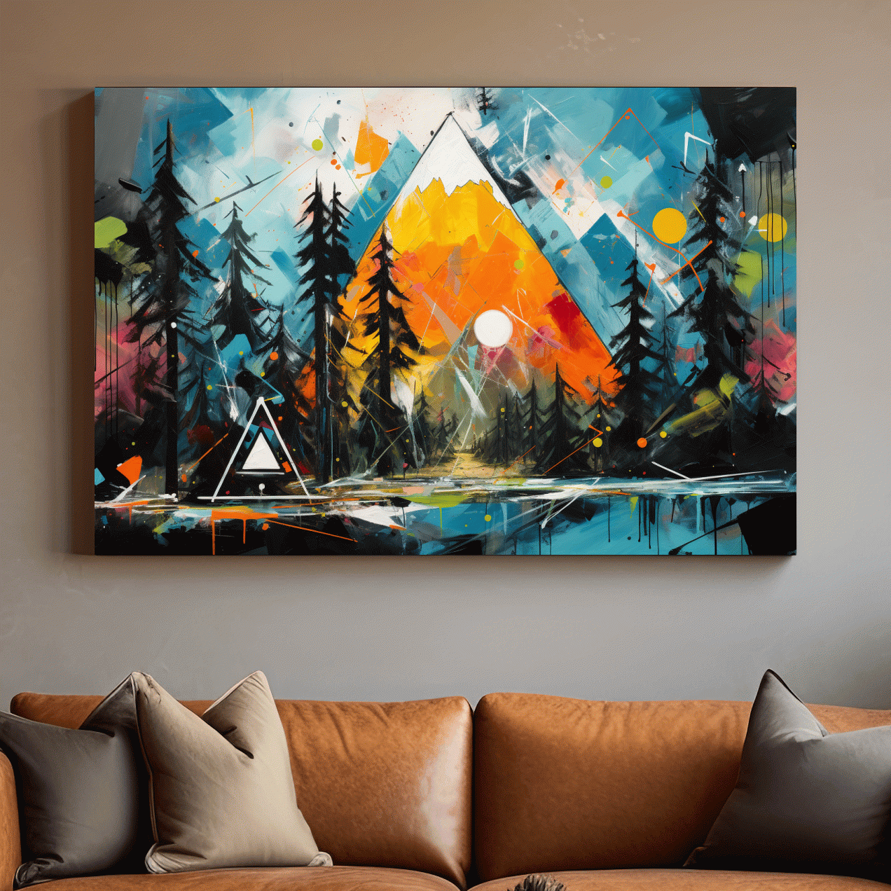 Vibrant Abstract Mountain Sunrise With Pine Forest - Energetic Landscape Wall Art
