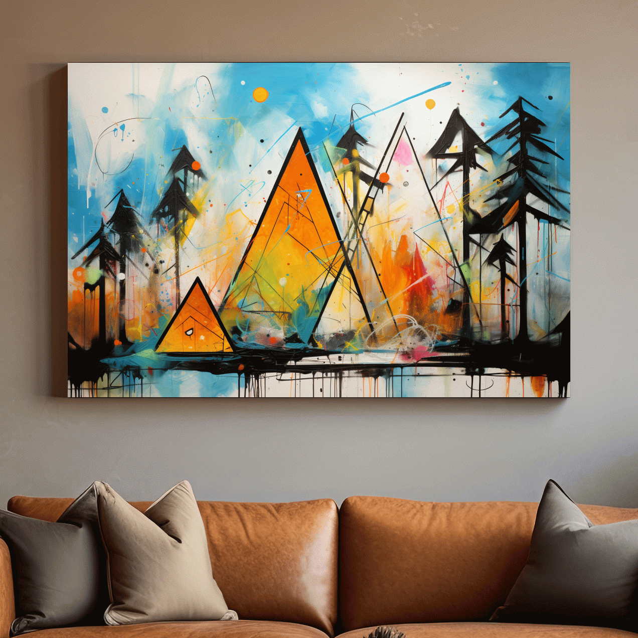 Abstract colourful mountain shapes, triangles forming mountains painting
