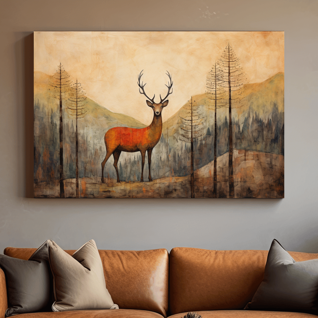 Rustic Woodland Stag Watercolor Painting - Autumn Mountain Forest Wildlife Wall Art