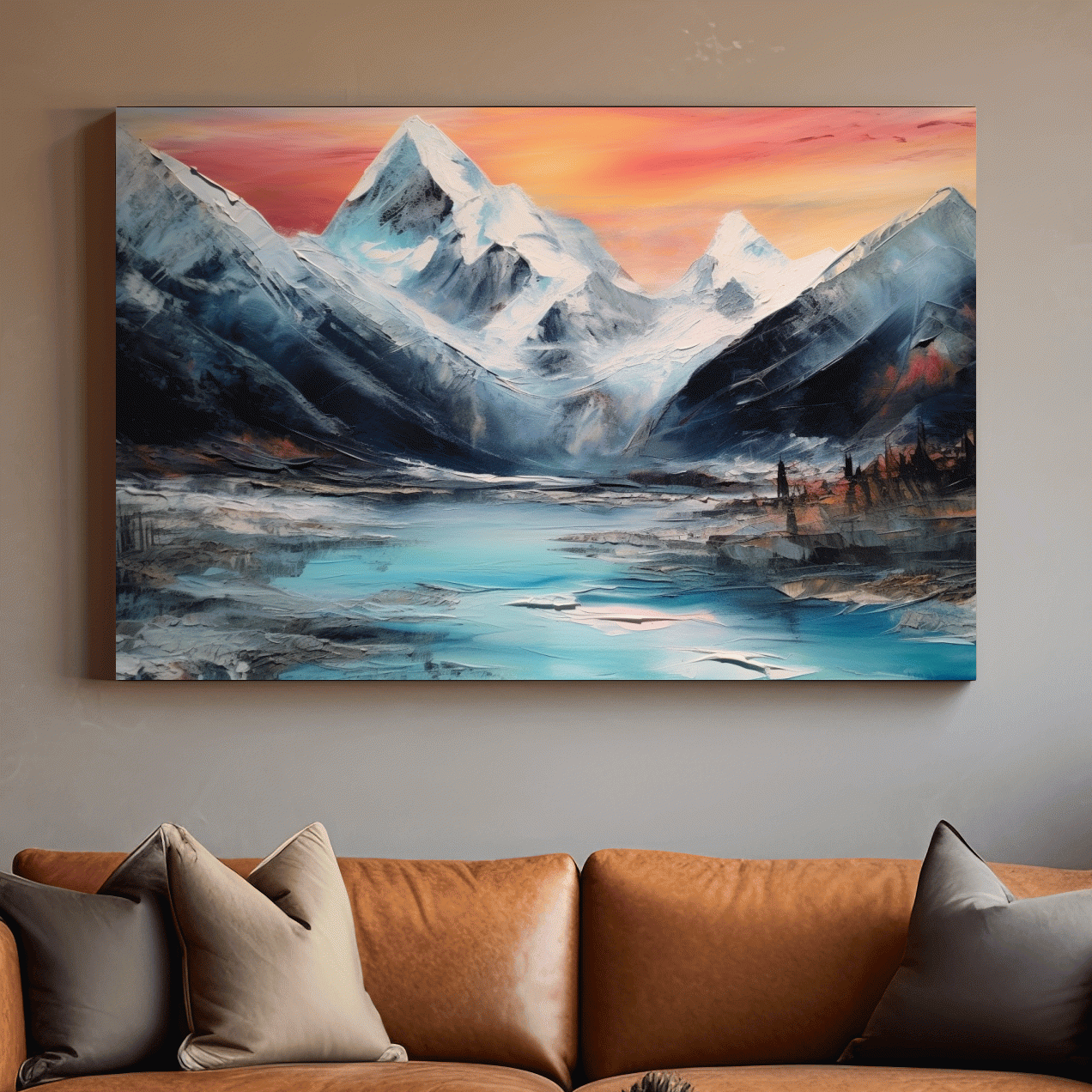 Bold oil painting of a glacier at sunset