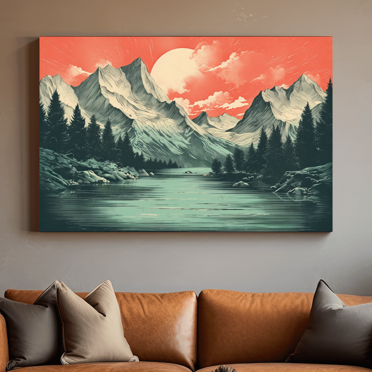 Retro Alpine Mountain Lake Sunset - Vintage Risograph Landscape Wall Art