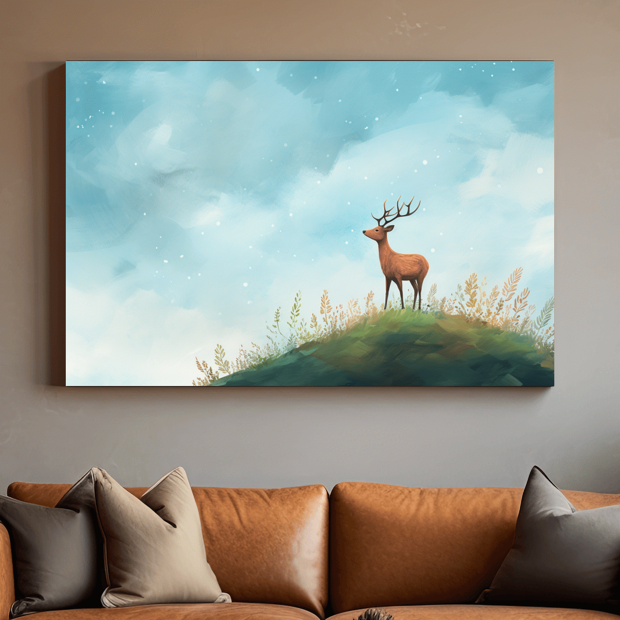 Bright painting of a deer gazing into the sky
