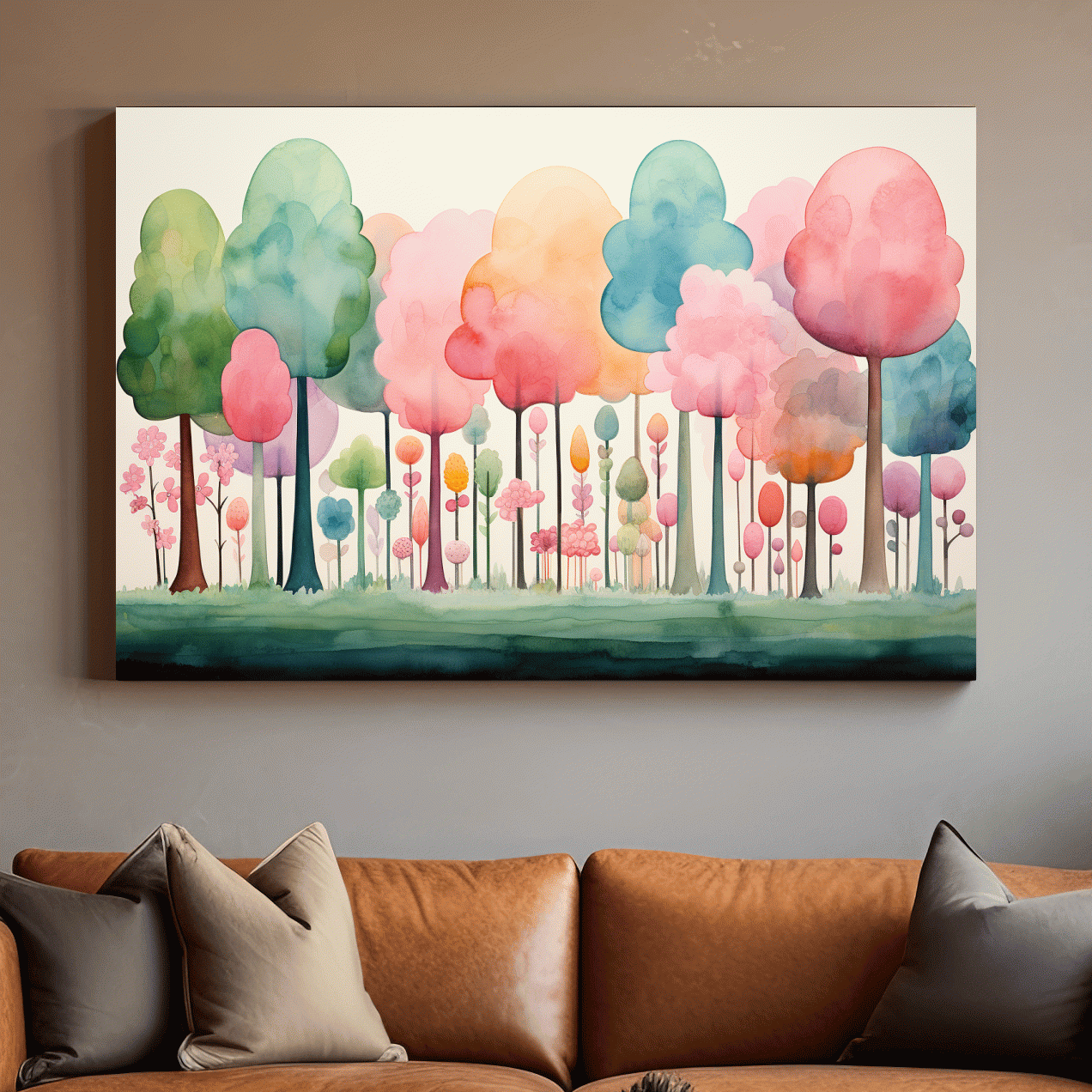 Watercolour painting of a dreamy colourful forest