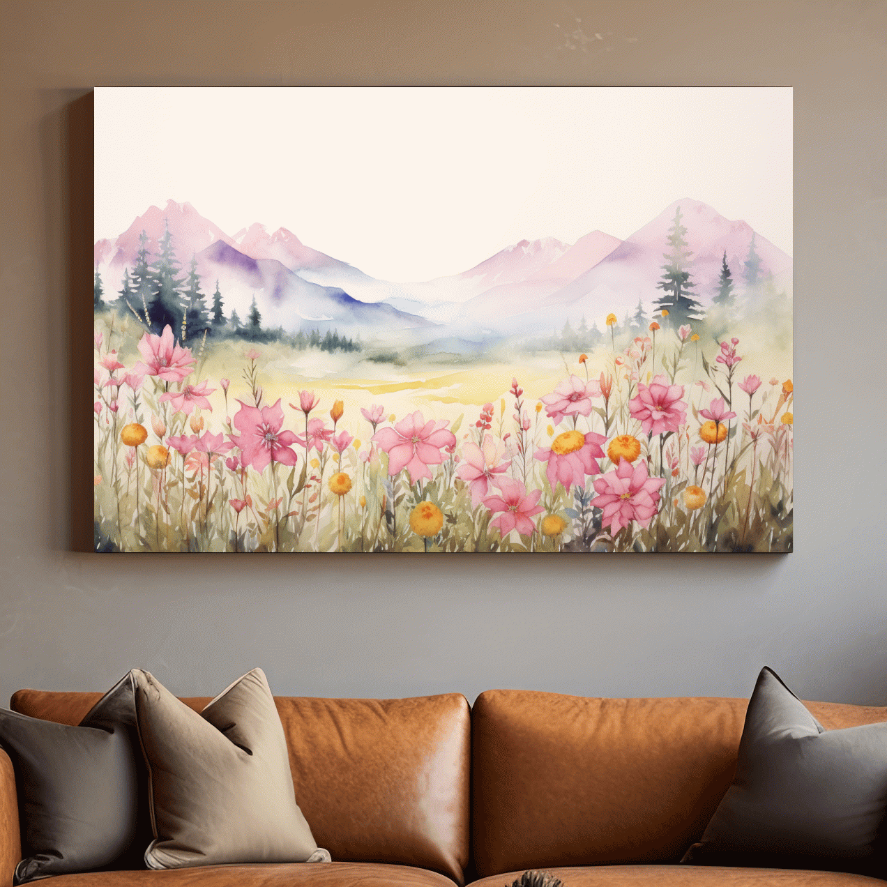 Pastel Wildflower Meadow Mountains Watercolor - Serene Alpine Wall Art