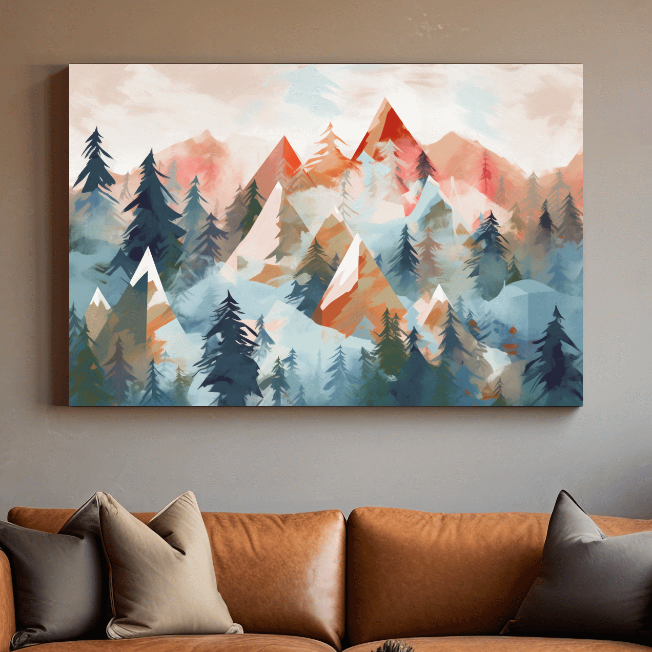 Abstract Watercolor Alpine Mountains And Pine Forest - Modern Geometric Landscape Wall Art