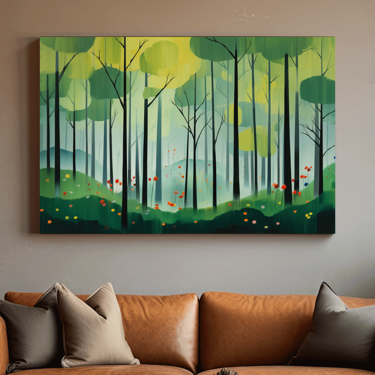 Painting of a bright green forest