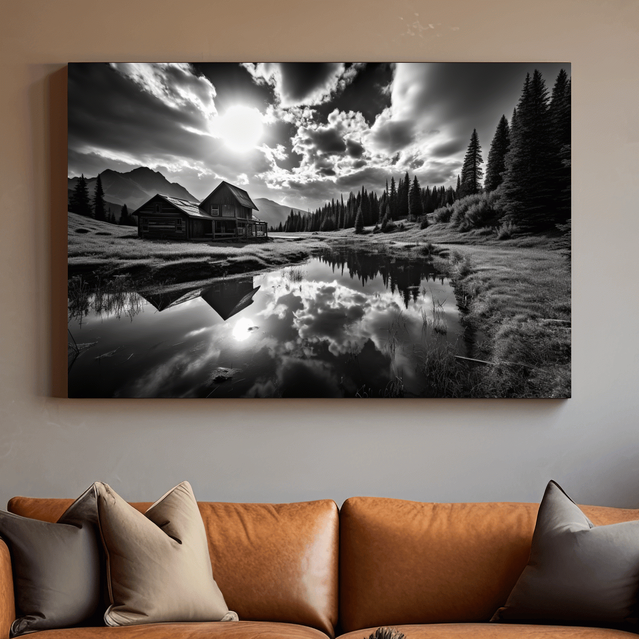 Black and white high contrast photograph of a cabin by the lake
