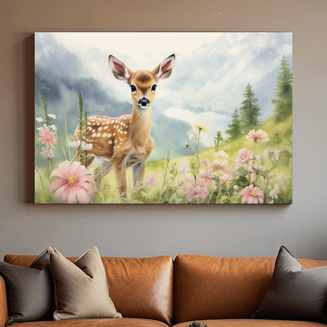 Painting of a deer fawn in the alpine meadows