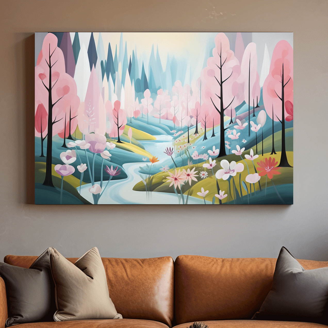 Dreamy painting of a pink blossom forest