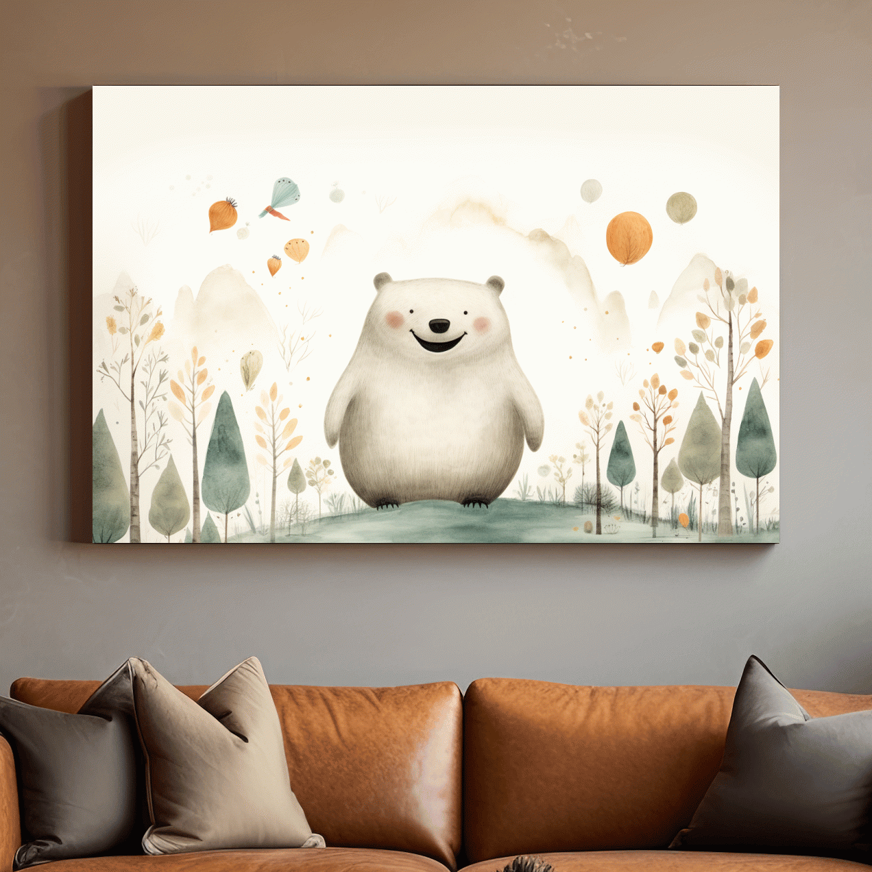 Storybook nursery art, happy bear in the forest