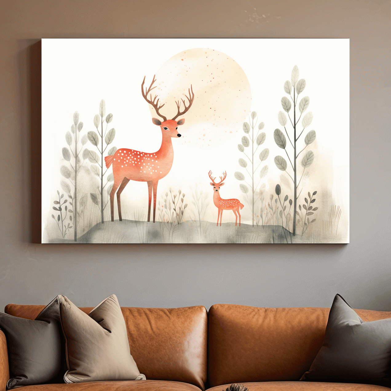 Whimsical Watercolor Deer Family Illustration - Scandinavian Nursery Forest Wall Art