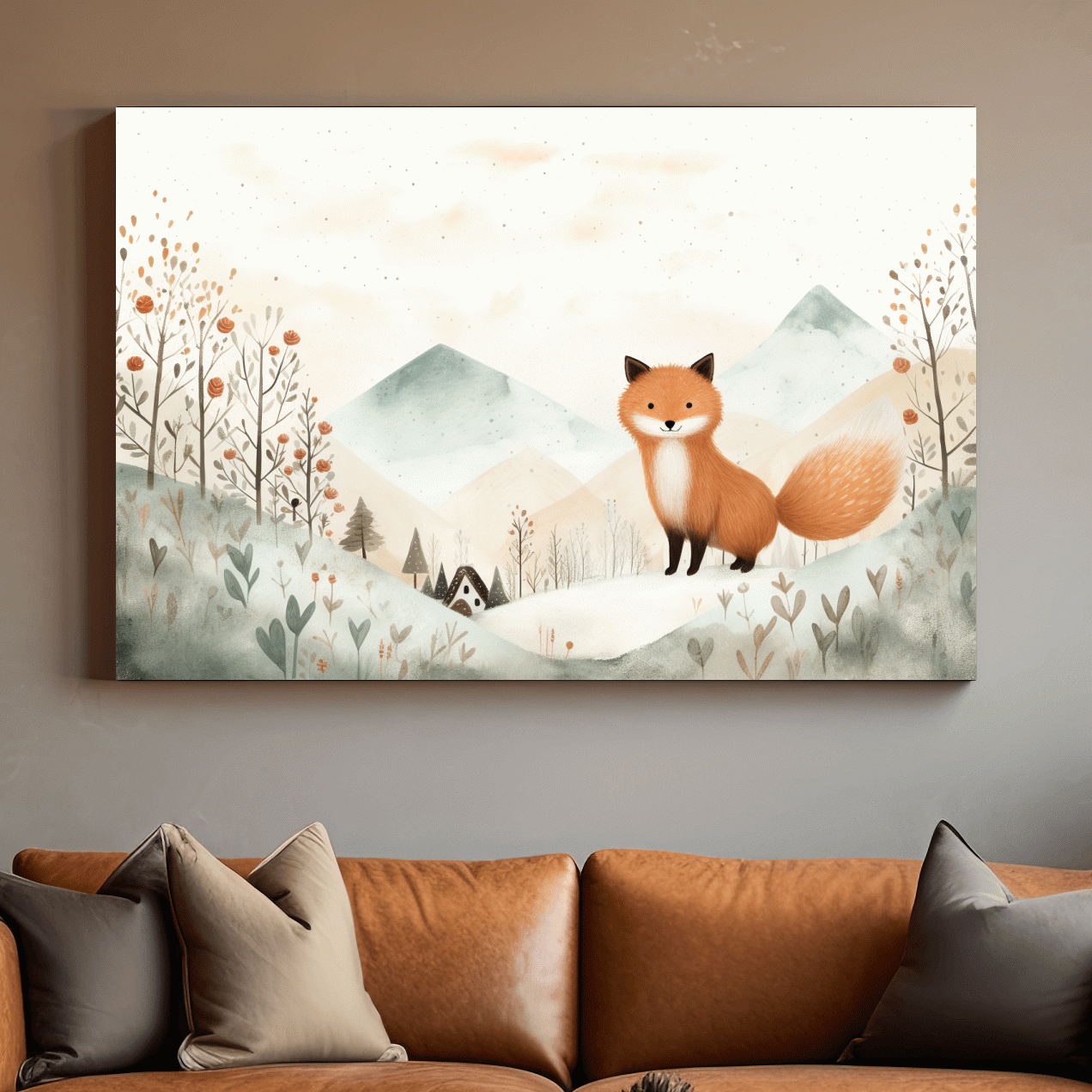 Cute happy fox in the mountains, childrens storybook illustration artwork