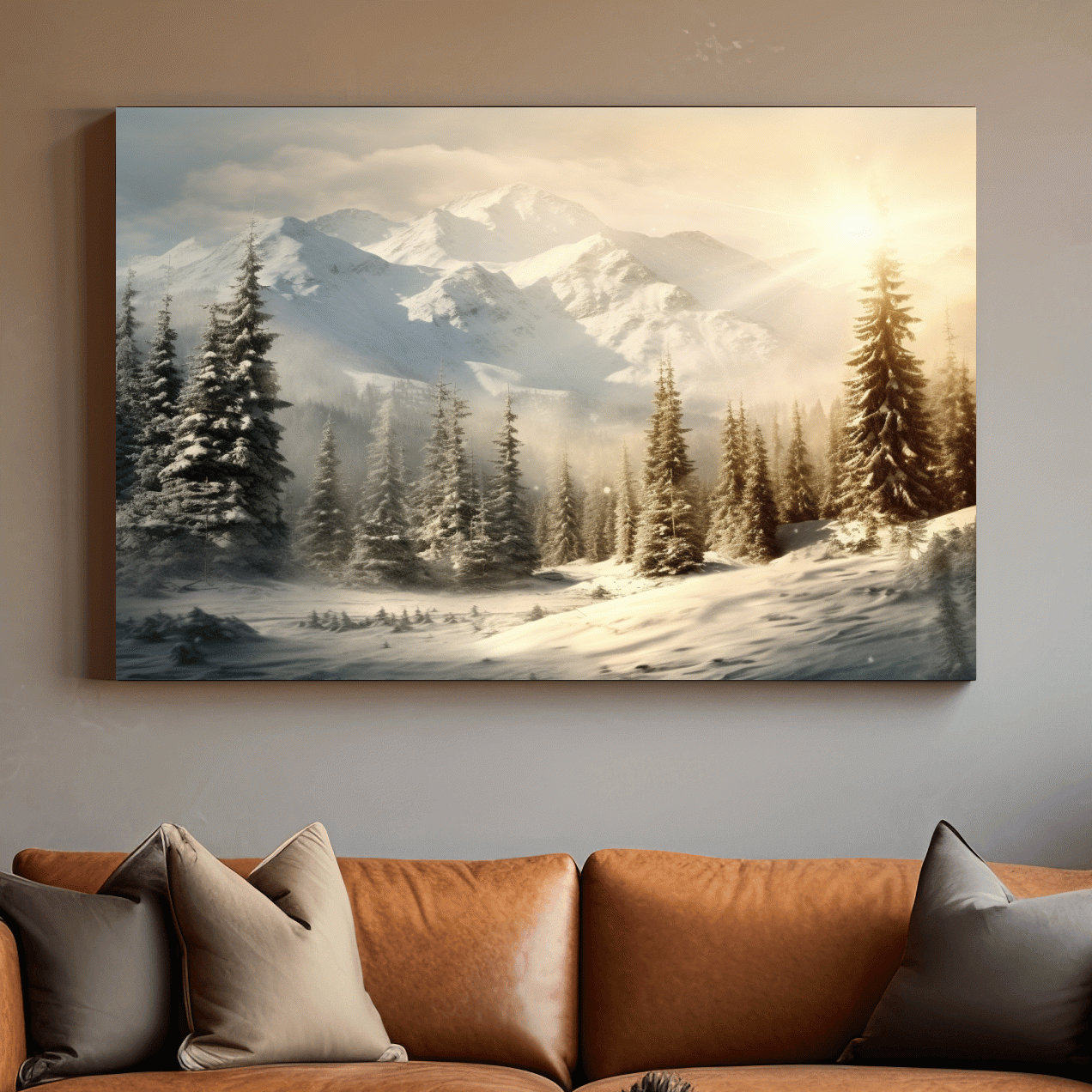 Snow covered mountains at sunrise, realistic painting