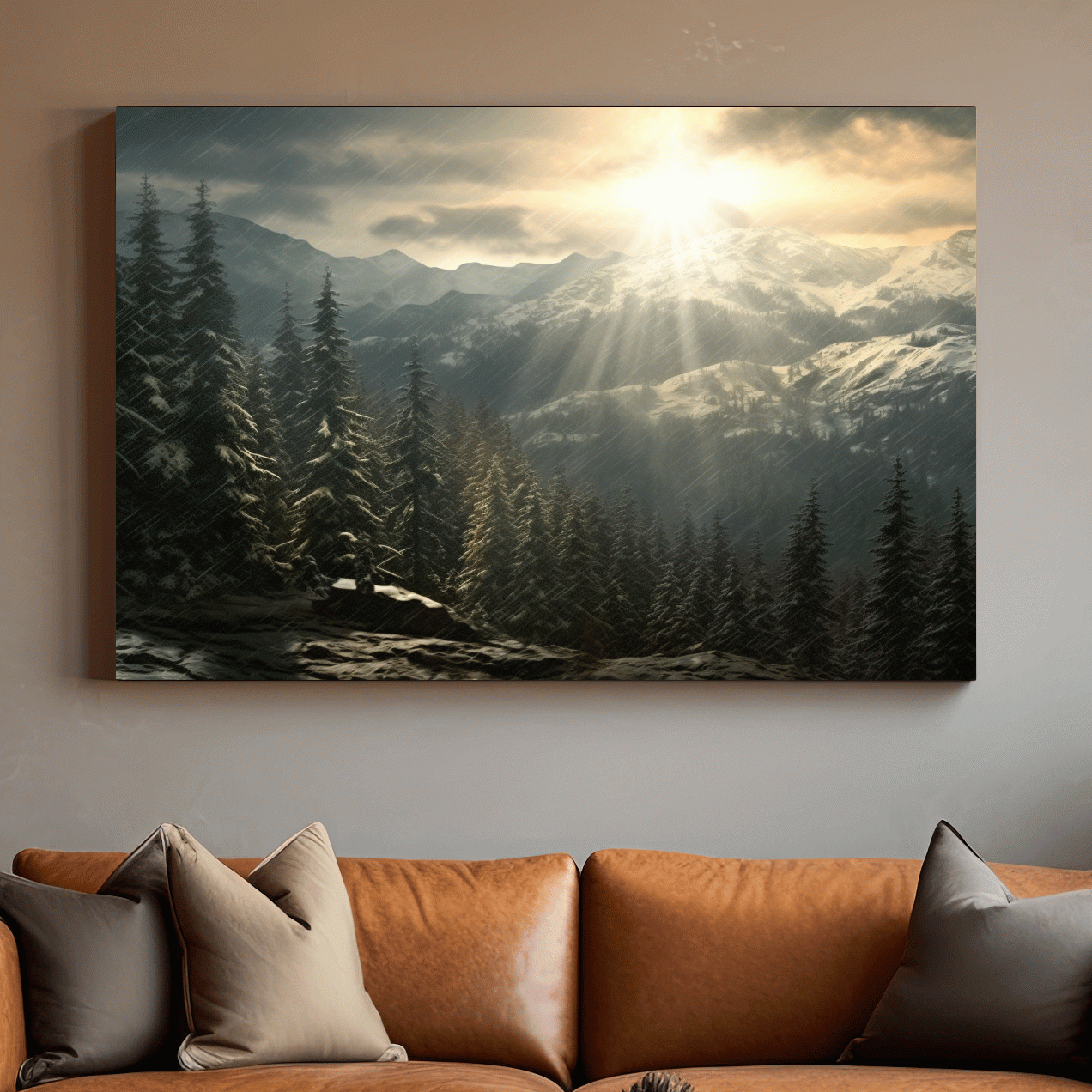 Sunset snowstorm, realistic snow mountain painting