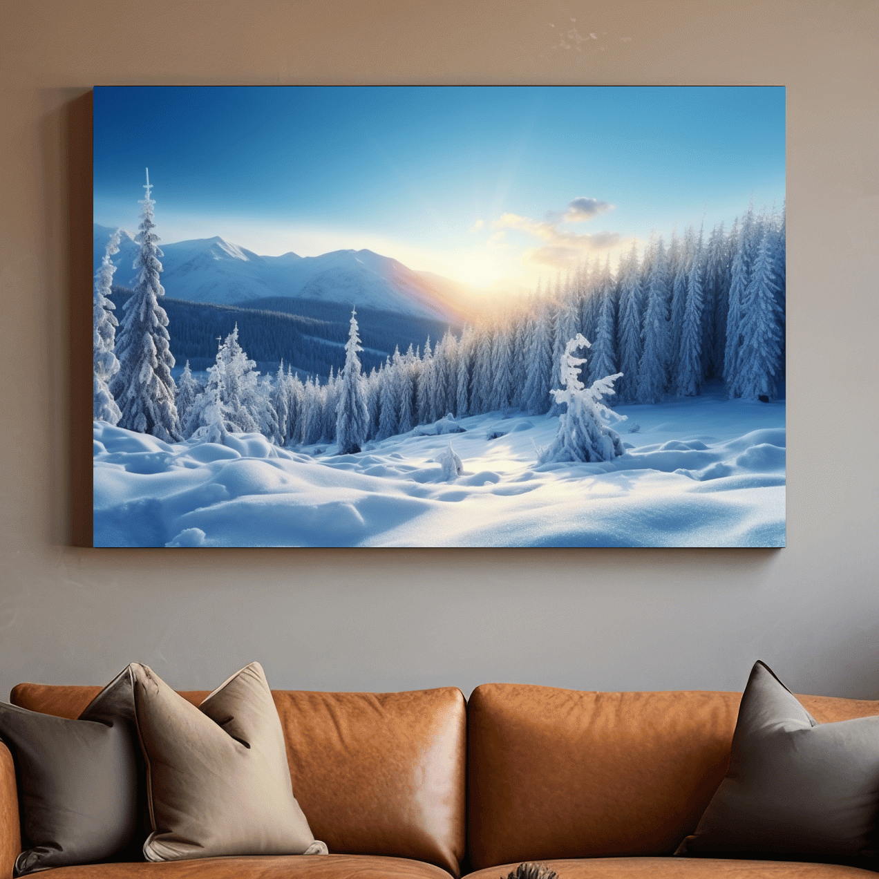 Snow covered alpine trees in the sun, photographic art