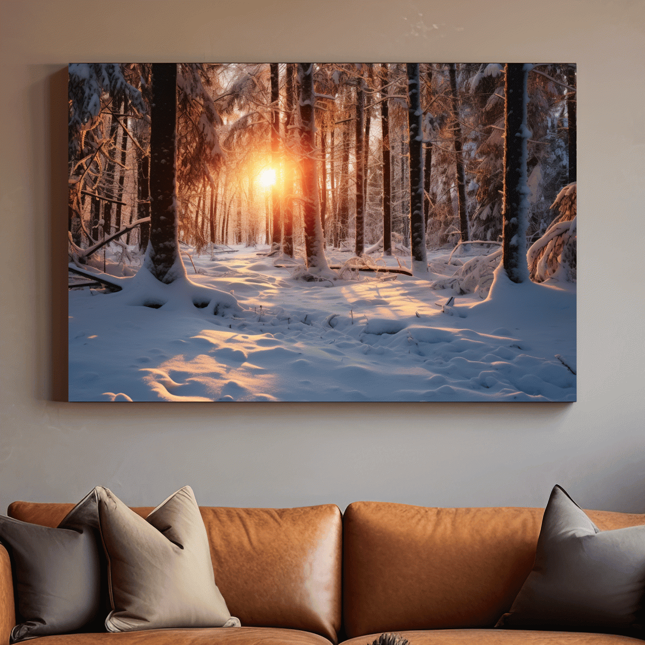 Snow covered forest at sunset, photograph