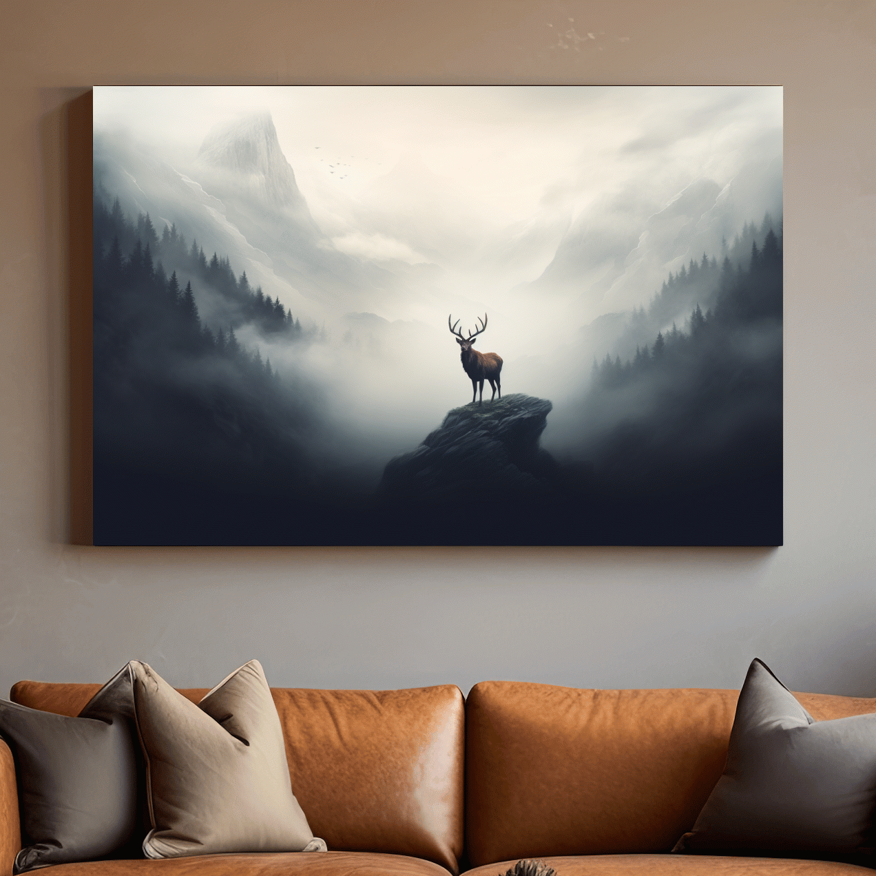Majestic Stag On Rocky Peak - Misty Mountain Forest Wall Art