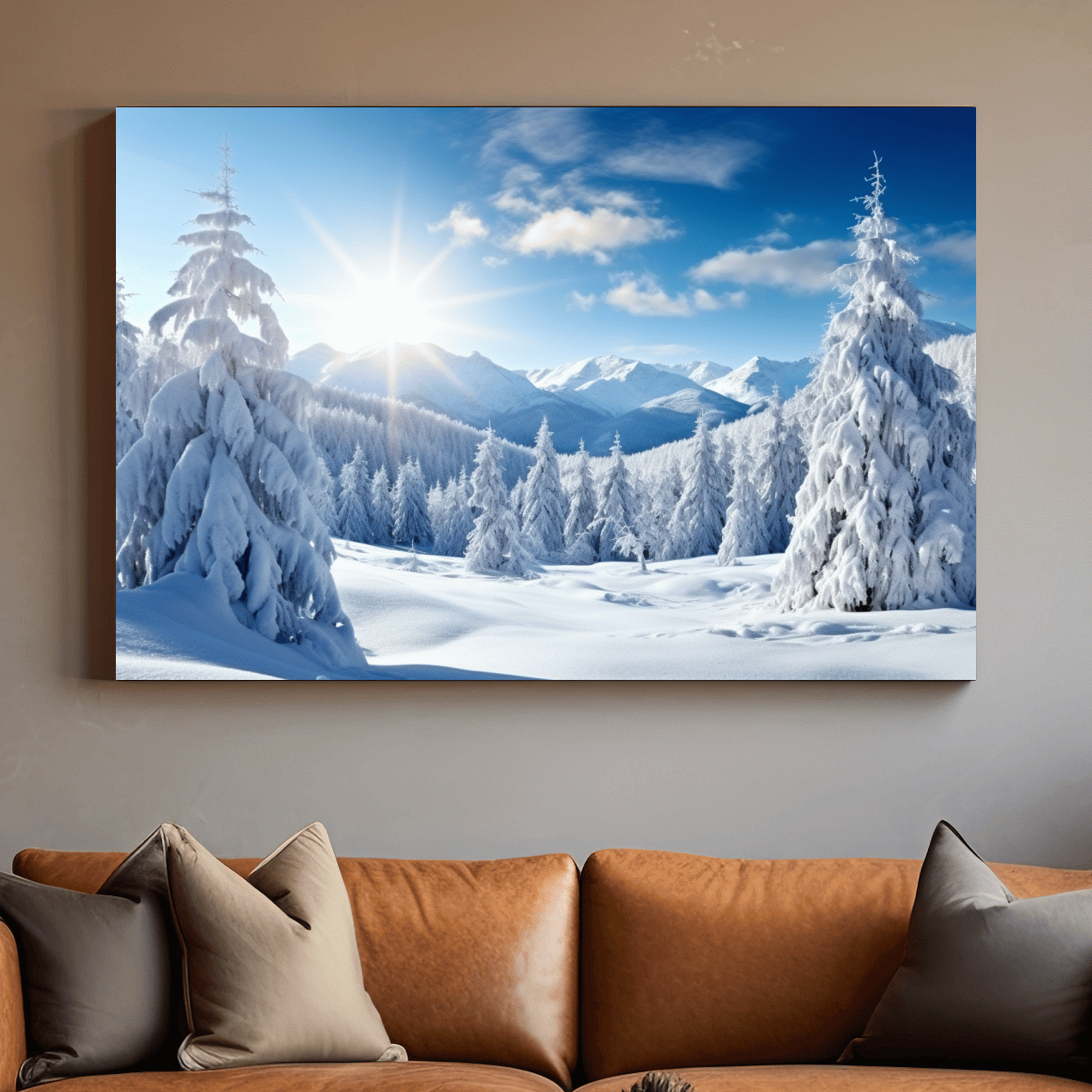 Sunlit Snowy Mountain Winter Landscape - Photographic Alpine Forest Wall Art