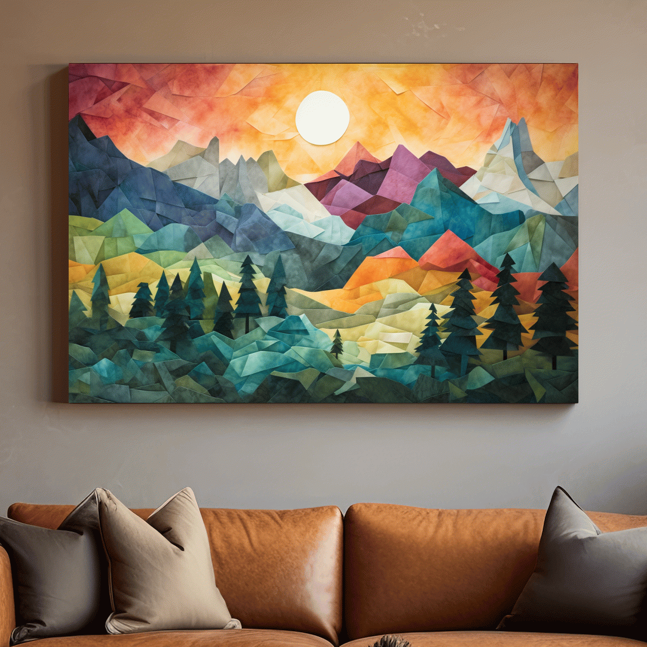 Abstract alpine mountain art at sunset, mixed media patchwork style