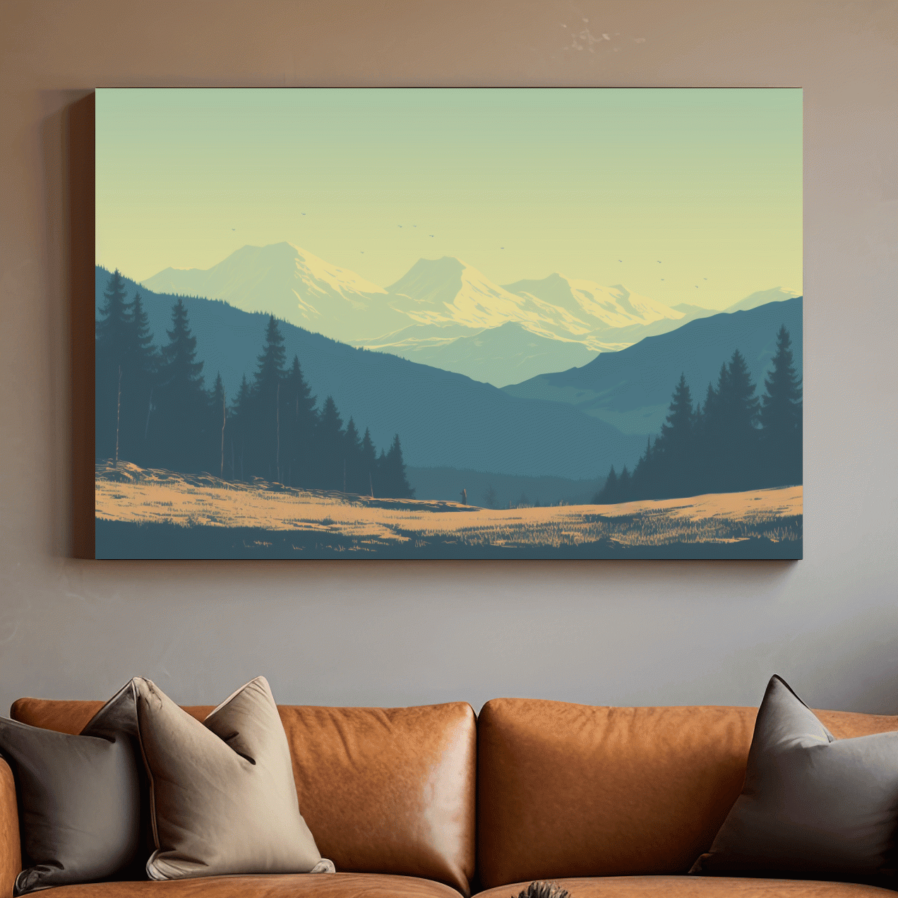 Pacific North West hazy glacier mountain scene, postcard style vector artwork