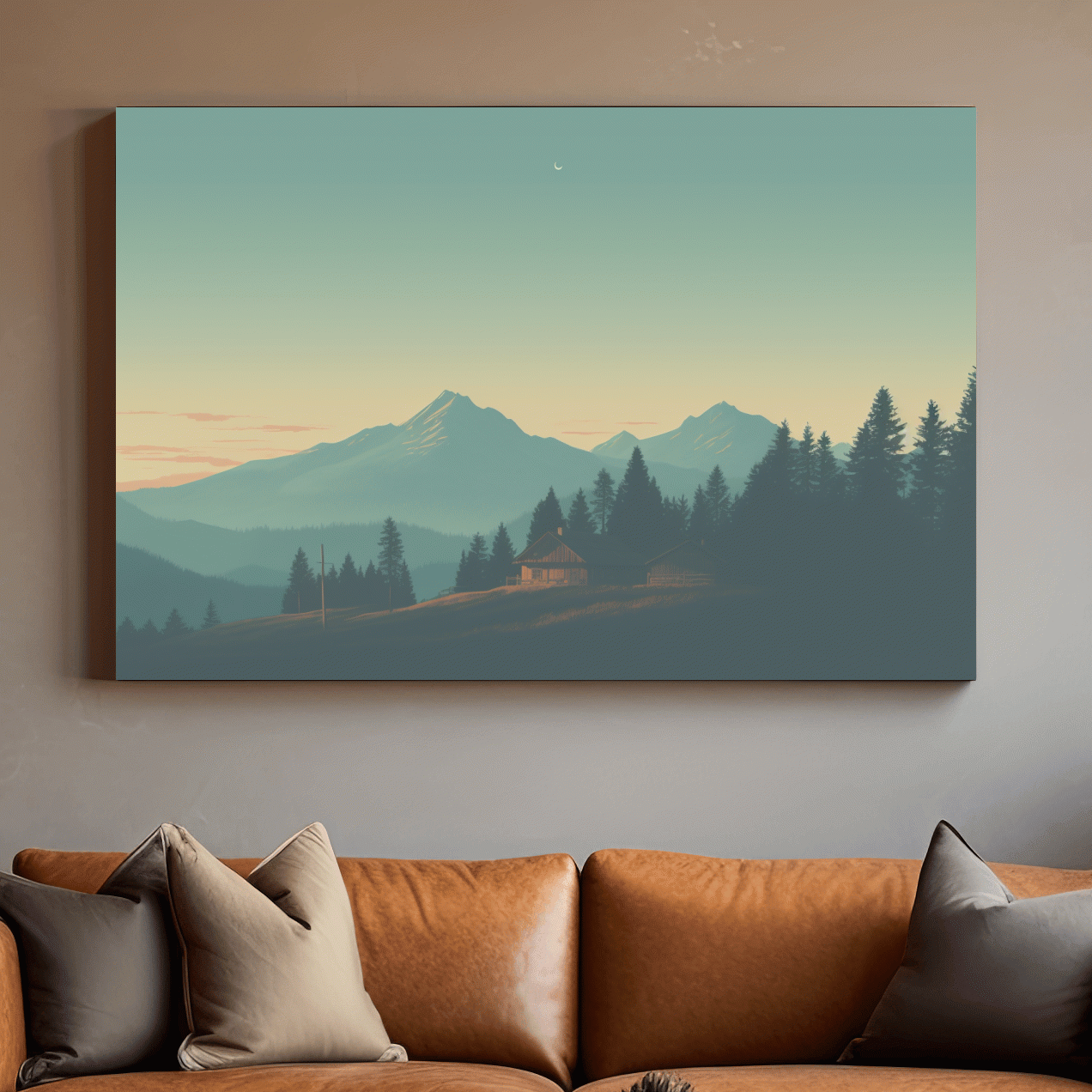 Mountain cabin in the hazy dusk, postcard style art