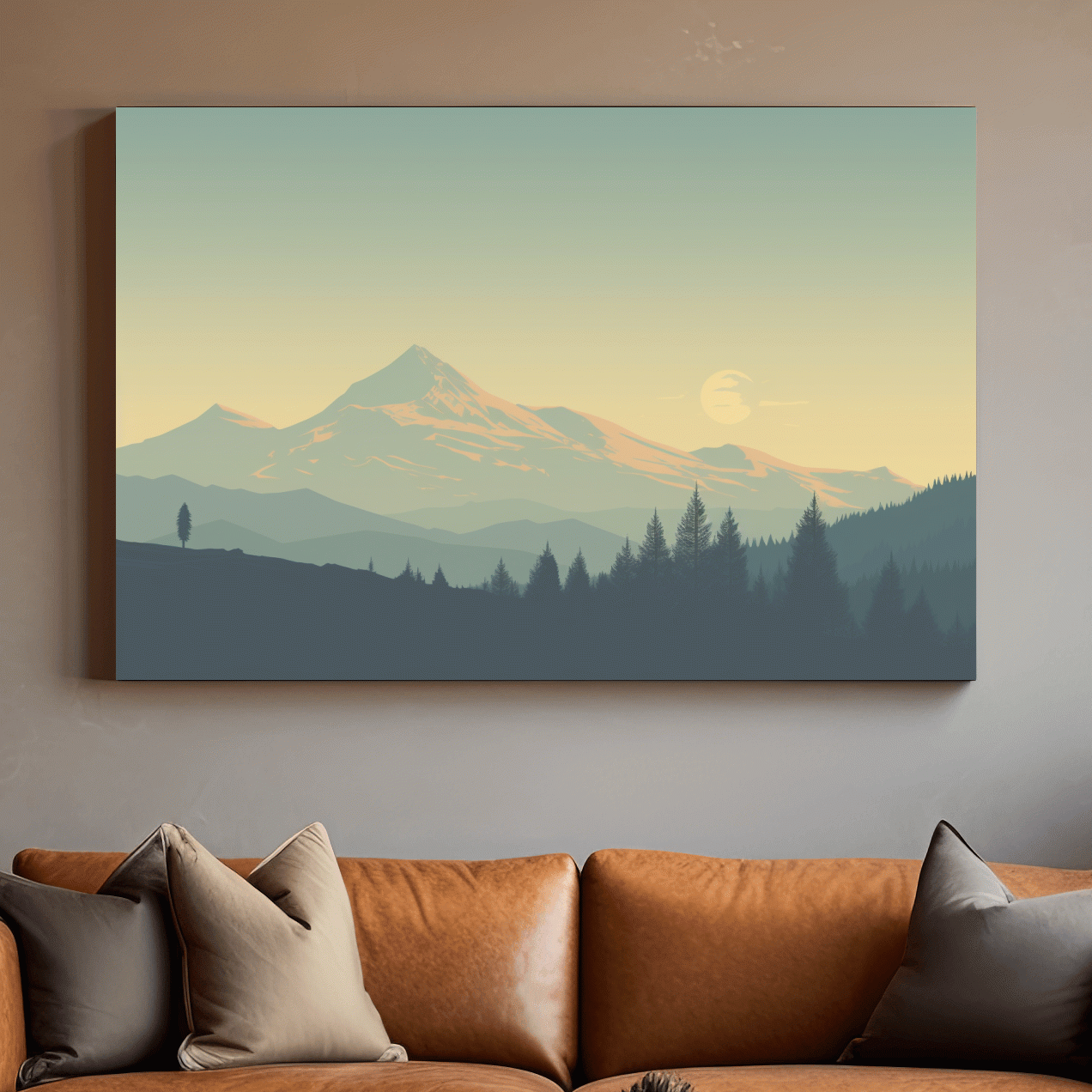 Minimalist Misty Mountain Sunrise Landscape - Serene Alpine Forest Wall Art